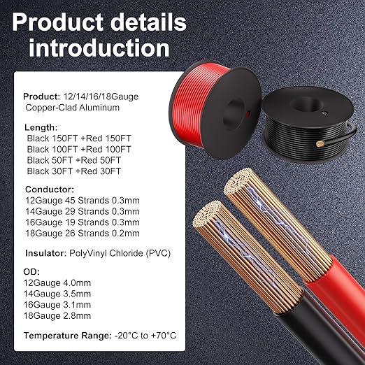 12 Gauge Electrical Wire 2 Pack Total 200 ft-Black 100 ft and Red 100 ft Soft Flexible Copper-Clad Aluminum(CCA) 12 AWG PVC Wire for Lamp, Household Appliances RC Toys, Models, Auto, Electronics
