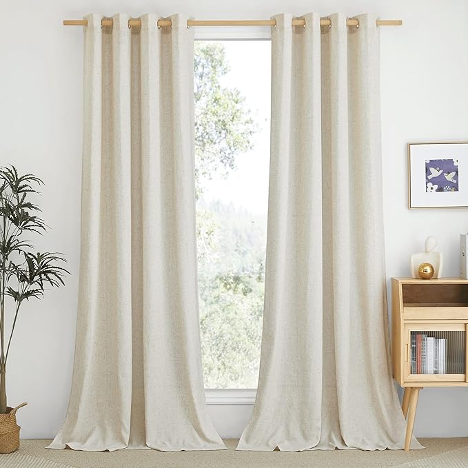 NICETOWN Natural Linen Semi Sheer Doorway Curtains, Grommet Top Thick Flax Semi Sheer Vertical Drapes Privacy Assured with Light Filtering for Bedroom/Living Room, W55 x L80, 2 Panels