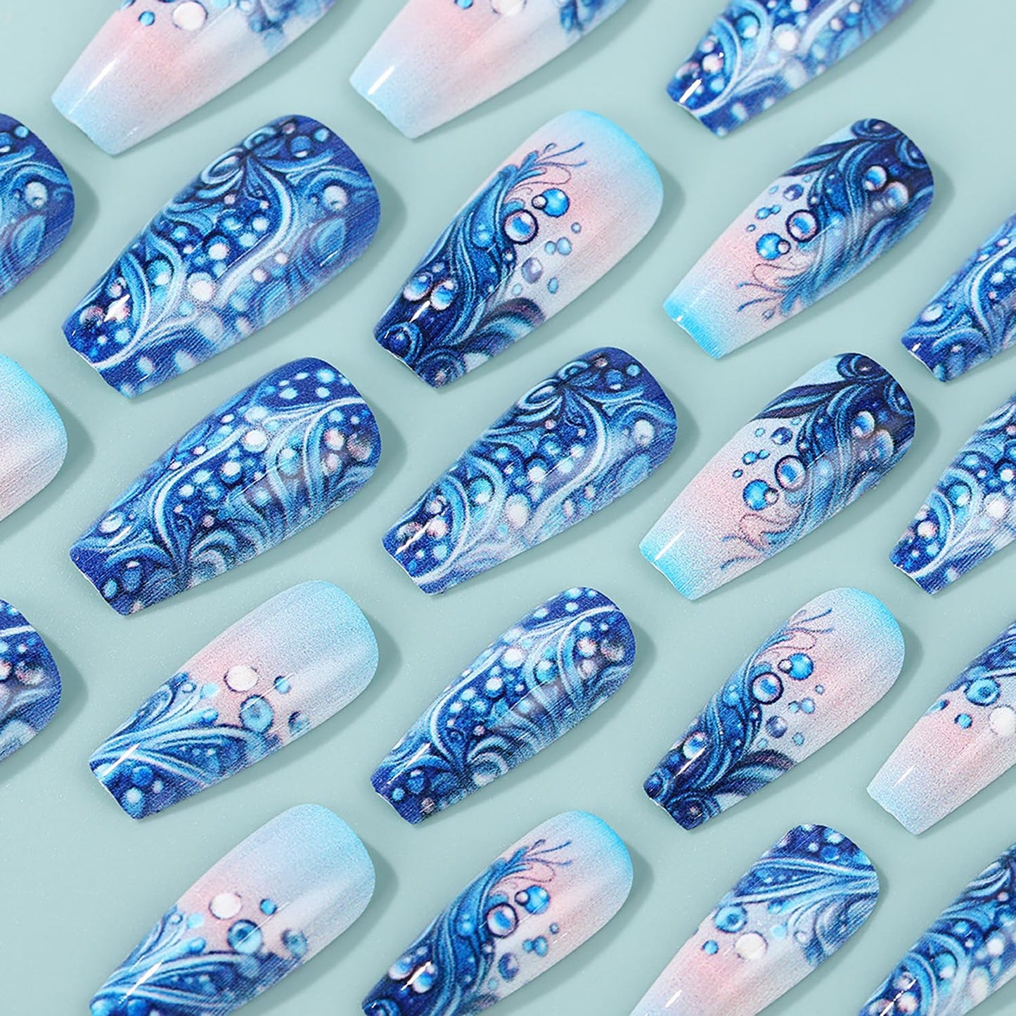 CJDLTS Blue Press on Nails Medium Ballet Shaped Blue Wave Pattern Design Gradient Acrylic Fake Nail Full Cover Glossy Artificial Stick on Nail Medium Press Ons Glue on Nails for Women 24Pcs