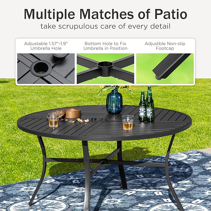 PHI VILLA 5 Pieces Outdoor Dining Set for 4, 42" Round Black Metal Table with Umbrella Hole & Wrought Iron Swivel Chairs, Large Outside Furniture with Blue Cushions & Pillows for Patio, Deck, Porch