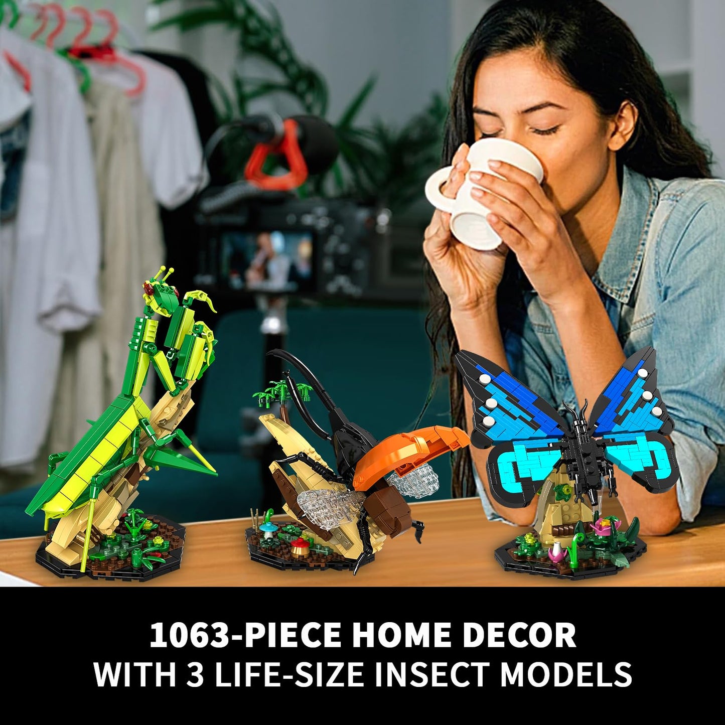 Insect Collection Building Toy Set, with Life-Size Blue Butterfly, Mantis and Beetle Display Models, Fun Gift for Nature Lovers, Bug Building Office Home Decorative, Gifts Ideal for Adults Kid 6+
