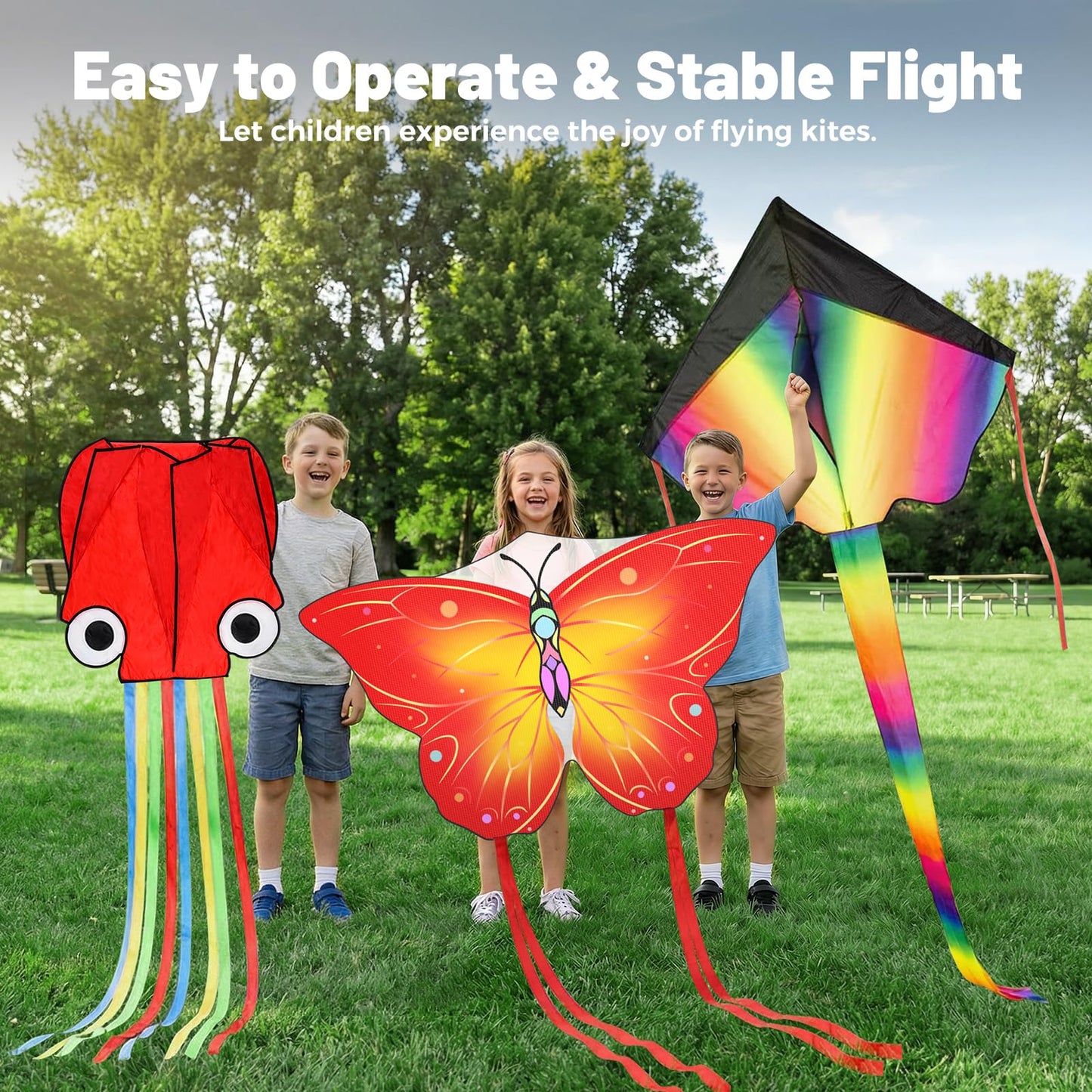 Crogift 3 Pack Large Kites, Easy to Fly Large Butterfly, Giant Red Octopus & Colorful Delta Kite for Beach Trip - Perfect Kites for Kids Ages 4-8 8-12, Gifts for Easter and Festival