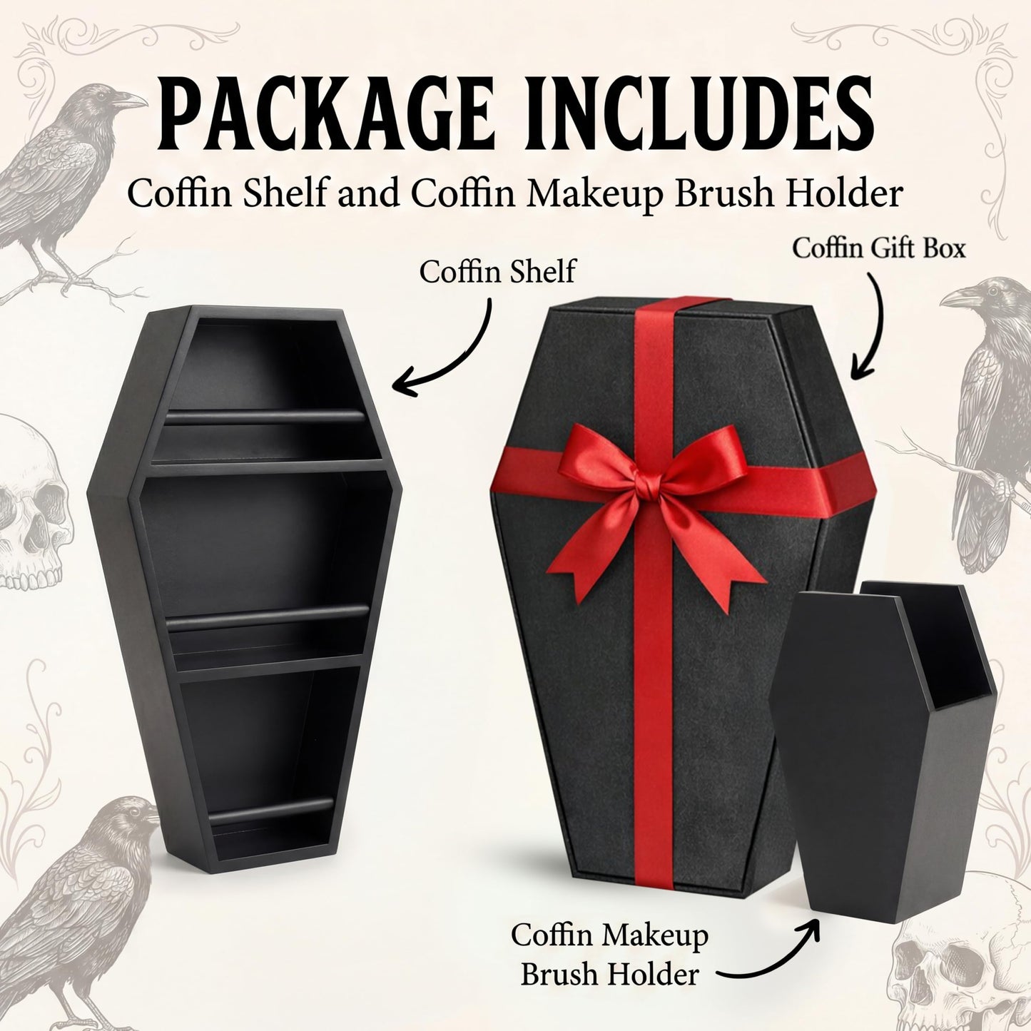 MANNY'S MYSTERIOUS ODDITIES Coffin Shelf Gothic Makeup Organizer Set with Brush Holder & Gift Box, Gothic Decor Accent for Glam Vanity or Spooky Gifts Display - 15 Inches by 8 Inches