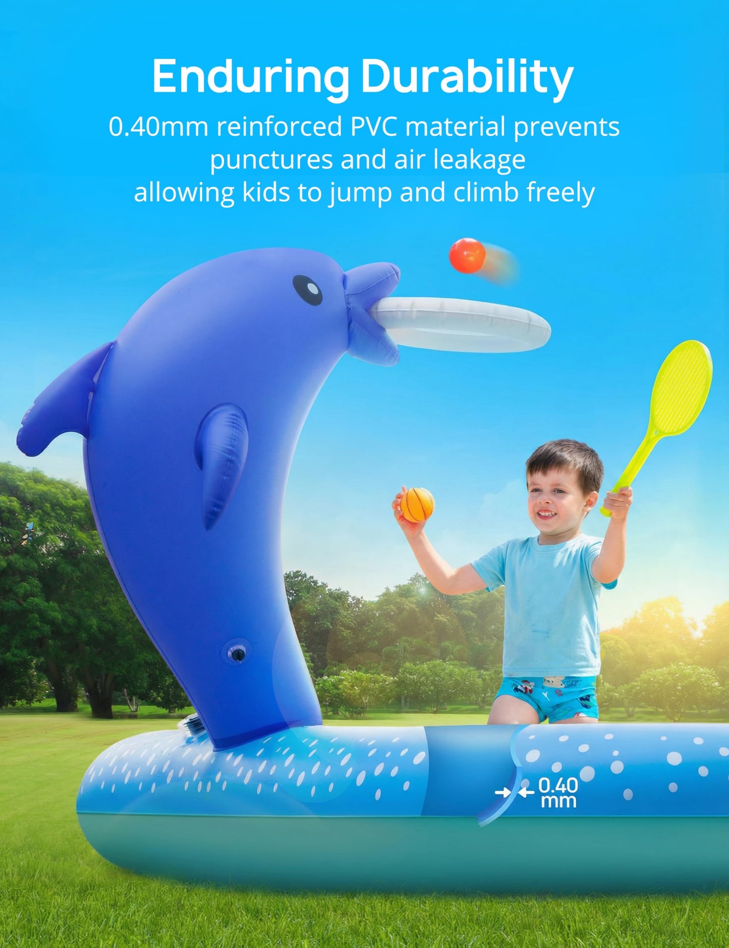 Kiddie Pool with Slide & Palm Tree Sprinkler – 95"x75"x40" Inflatable Water Play Center for Toddlers Ages 2+, Durable PVC Wading Pool for Backyard Summer Fun (Blue & Orange)
