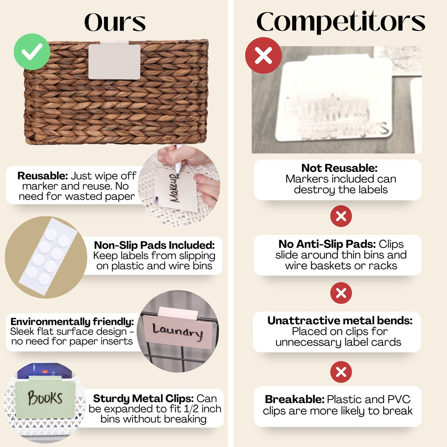 Hygge & Sage: Metal Non-Slip Basket Labels Clip On for Storage Bins, or Wire Racks | Includes 8 Labels, 8 Non-Slip Pads, and 1 Free Marker (Cream)