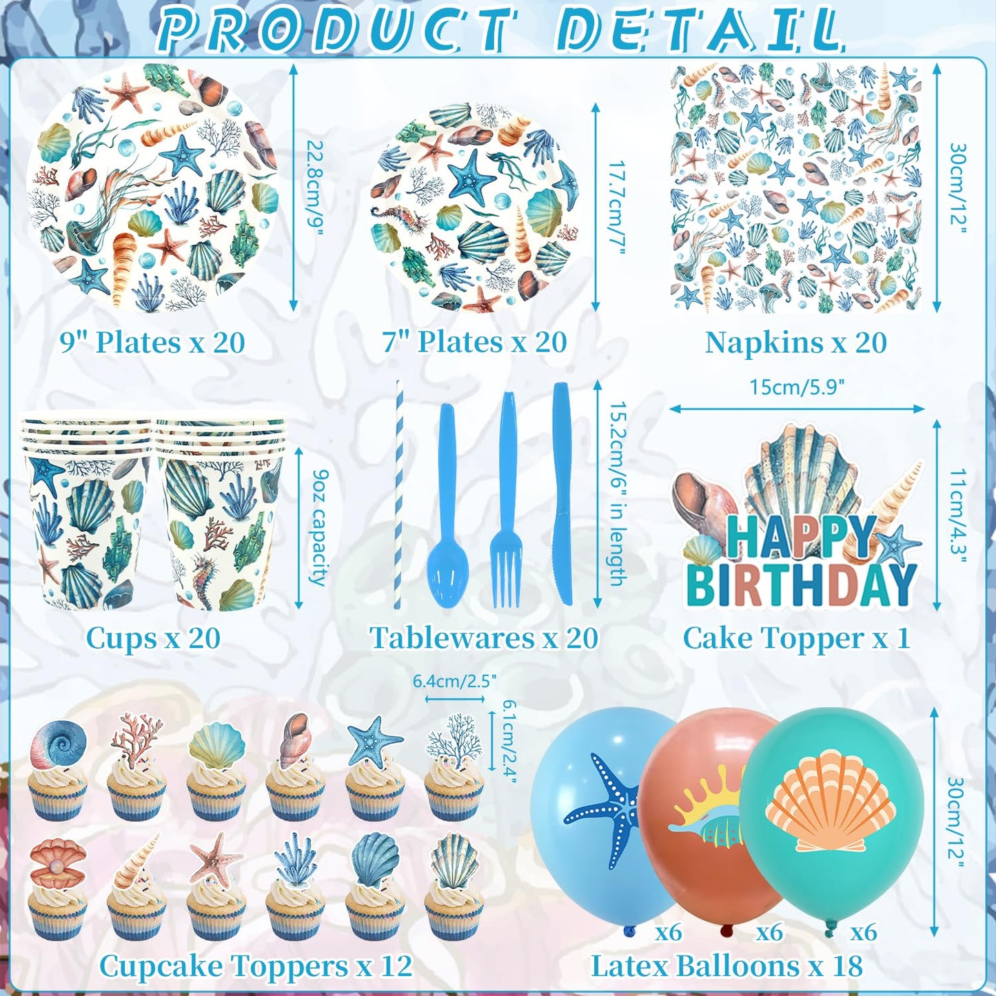 Obussgar Shells Birthday Party Decorations - Shells Party Supplies including Banner, Plate, Cake Topper, Cup, Napkin, Balloon, Tablecloth - Serves 20