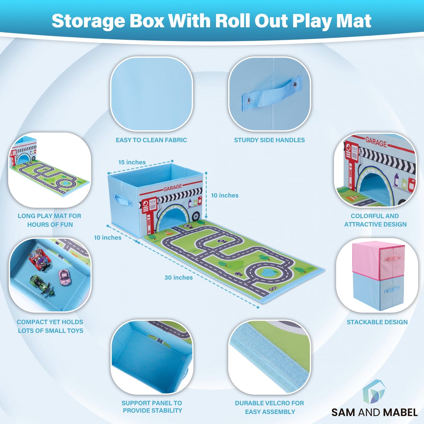 SAM AND MABEL Toy Cars Garage Box – Toy Storage Box with Car Rug Play Mat, Collabsible Storage Organizer for Boys and Girls (GoGarage)