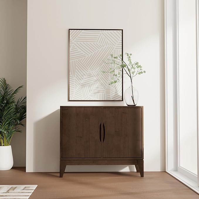 SIMPLIHOME Harper Buffet - 38 inch Wide Solid Hardwood 2-Door Sideboard Buffet in Walnut Brown, Mid-Century Modern Cabinet for Dining Room or Kitchen with Adjustable Shelves and Tapered Legs