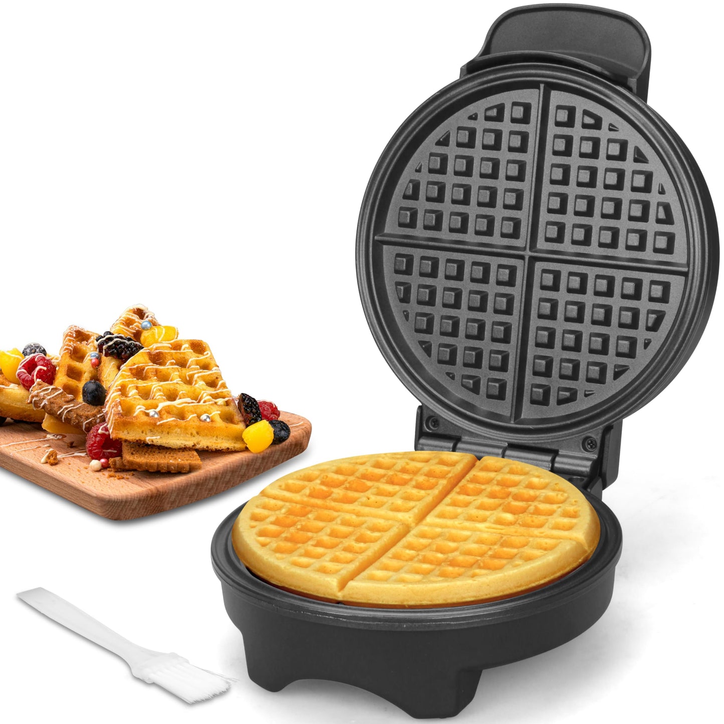 FineMade 7 Inches Round Classic Waffle Maker Machine, Mini Waffle Maker, Non-stick Waffle Irons, Thin Waffle Maker Crispy, Black