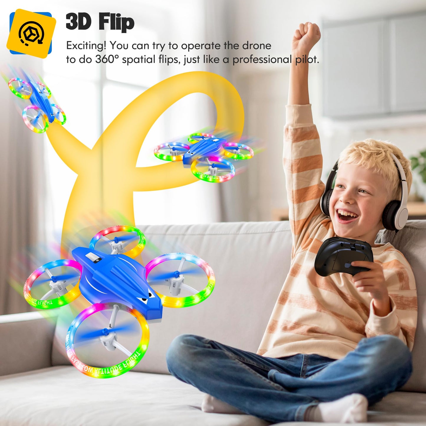 ALTITACO Drones for Kids With Cool Light, Kids Drone with 3D Flip, Altitude-Hold, Self-Rotation, Headless Mode, 3 Speed Modes, One-Click Take-off/Landing, Mini Drone for Christmas, Beginners, Indoor