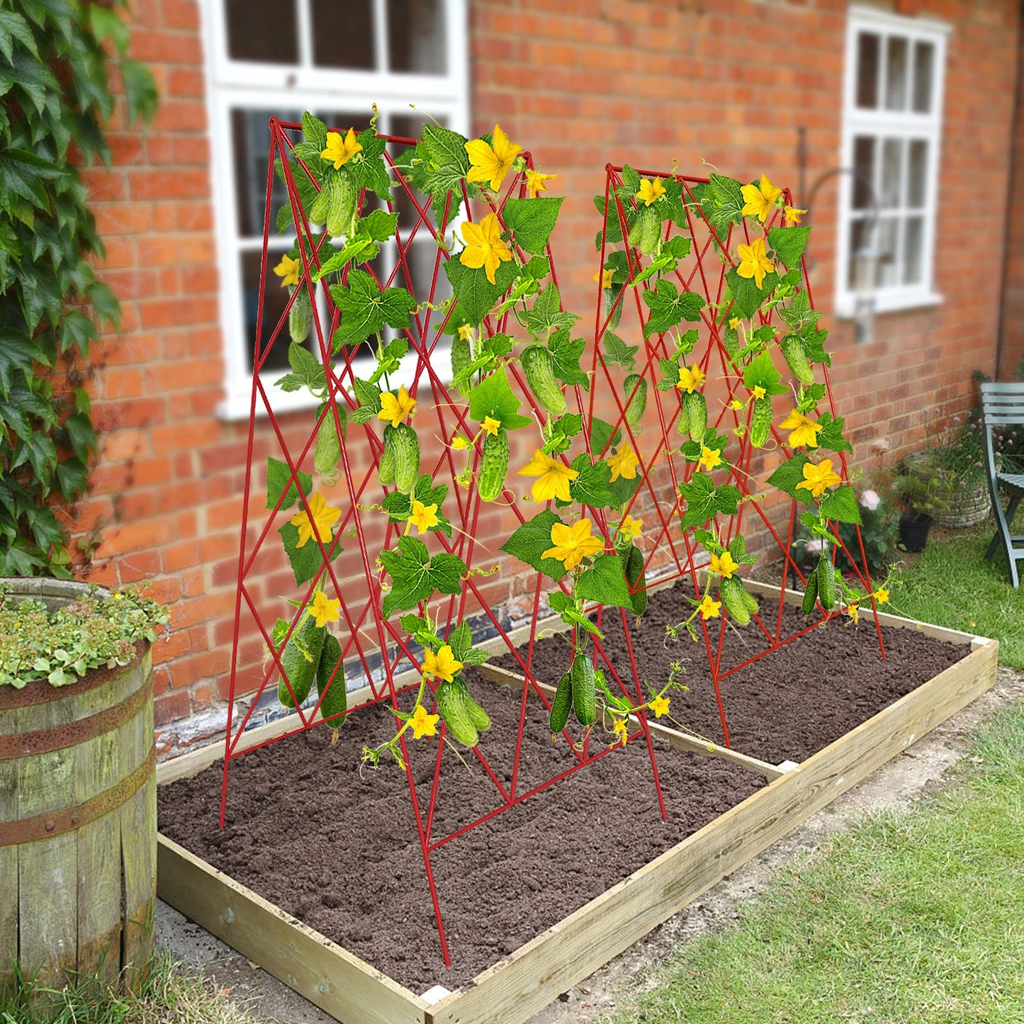 DoCred Red A-Frame Metal Garden Trellis, 2 Pack, PVC-Coated Steel, Perfect for Cucumbers, Squash, Peas, Flowering Vines