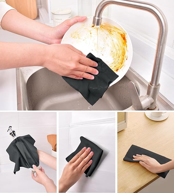 KitchLife Microfiber Cleaning Cloth Roll, 100 Pack - Tear-Away Microfiber Paper Towels, Lint-Free, Reusable, Washable for Kitchen, Car, Dishes, and Sensitive Surfaces (Black)