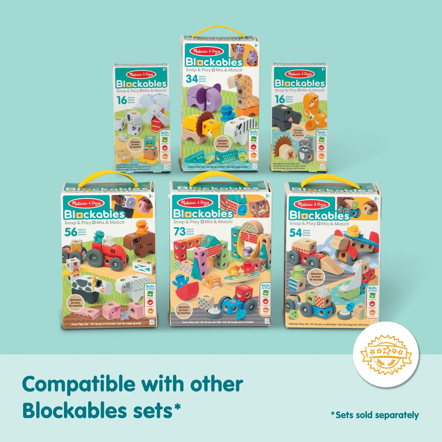 Melissa & Doug Blockables™ Farm Snap and Play, Mix and Match Connectable Wooden Building Blocks Play Set Toy for Preschool Boys and Girls (56 Pcs)