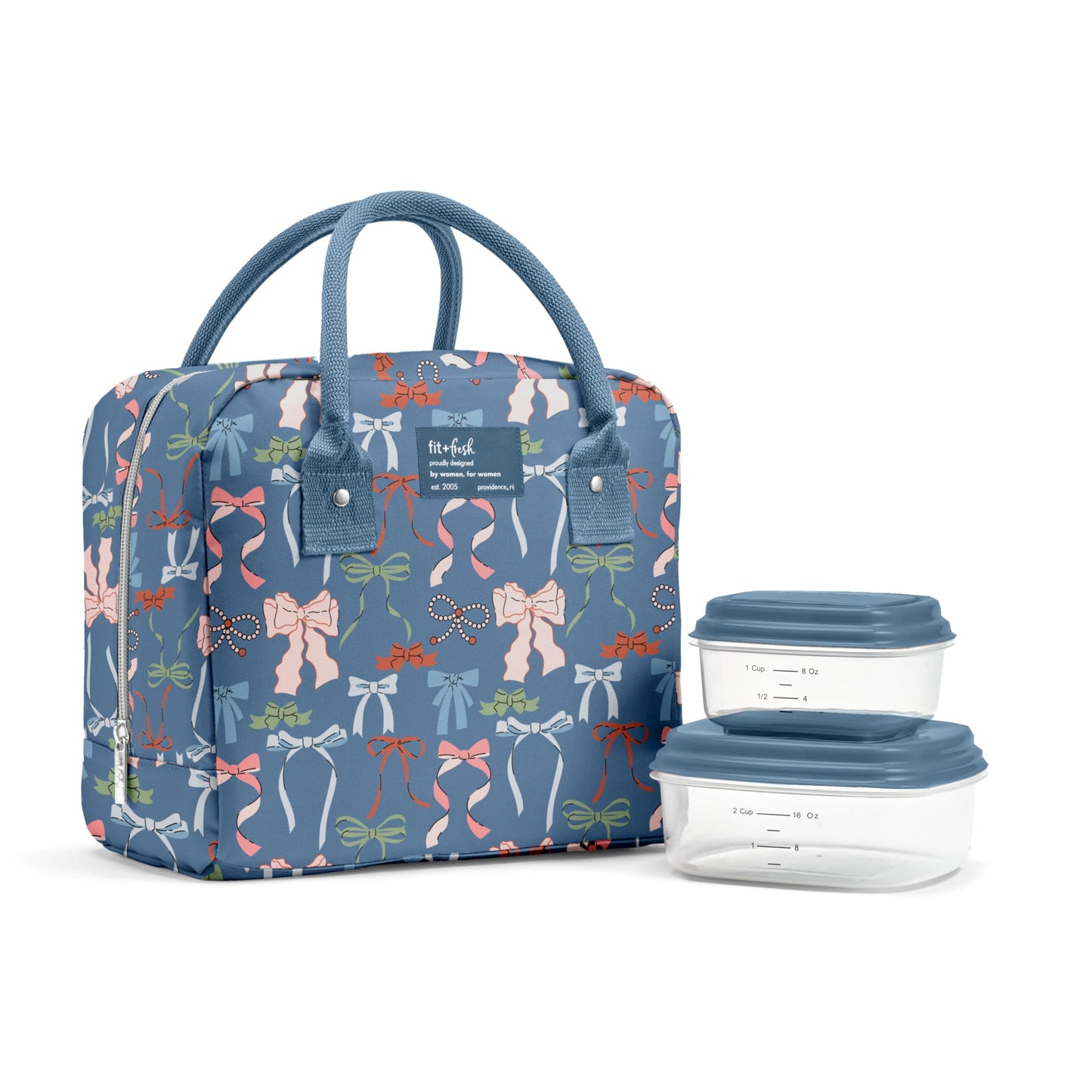 Fit & Fresh Bloomington Lunch Bag for Women - Insulated Large Lunch Box for Work with Containers, Leak-Resistant, Stain-Resistant, Zipper Closure, Denim Bows