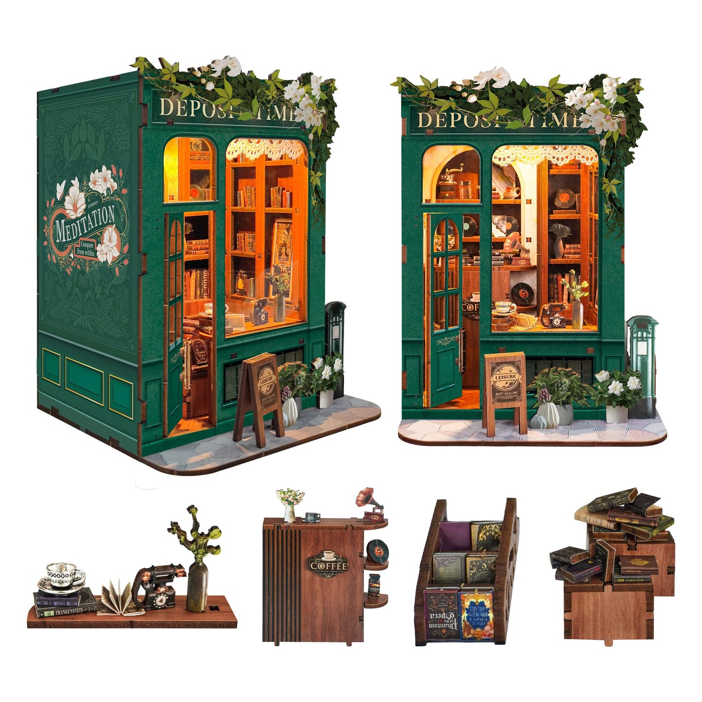 Foyucool DIY Book Nook Kit, Miniature Bookshelf Decor with LED Lights, Laser-Cut Wooden Craft Set for Adults, Creative Gift for Christmas, Birthday, Leisure Time