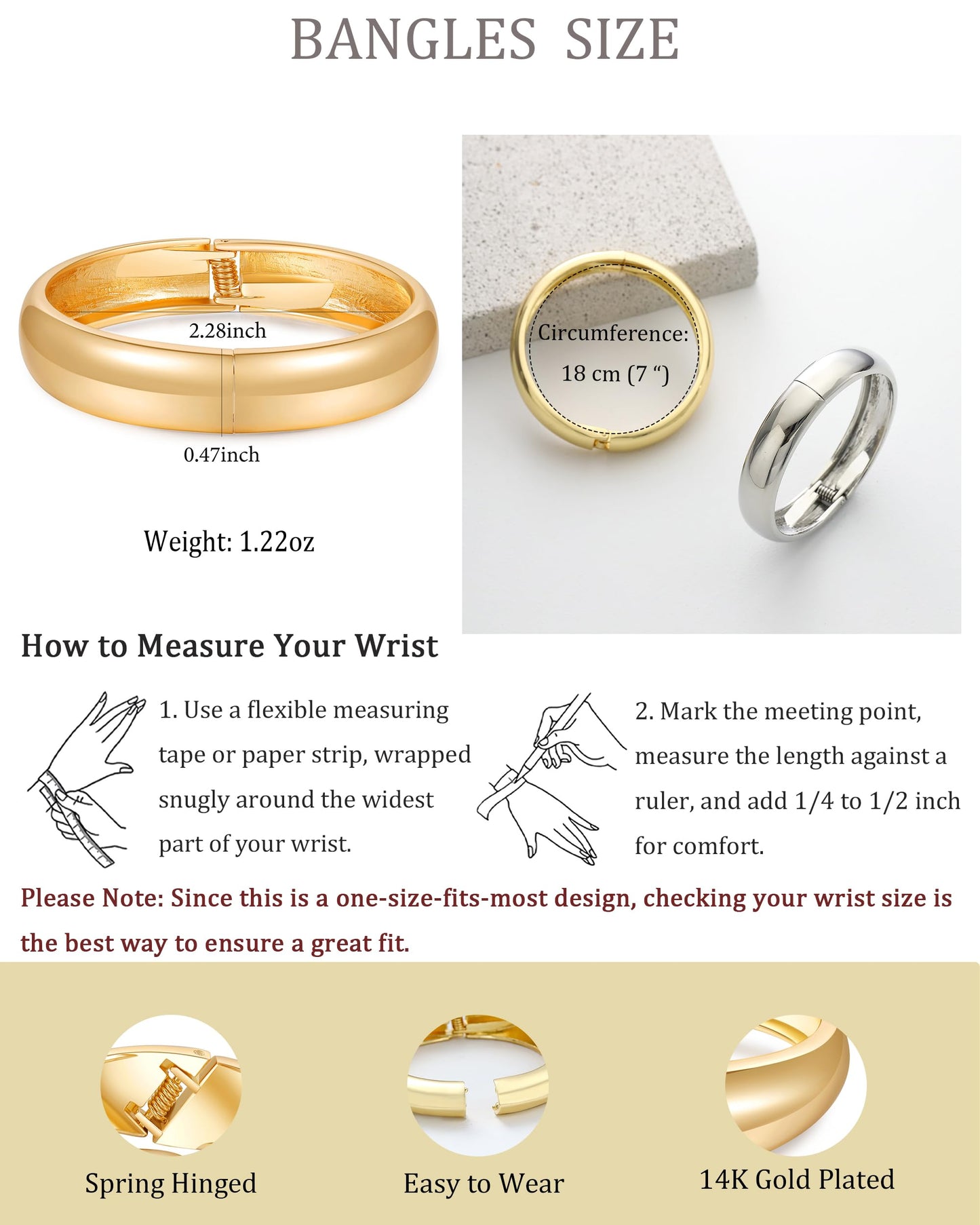 AYWFCBF 14K Gold Plated Chunky Bracelets for Women | Bold Dome Bangles | Trendy Hinged Cuff Open Wide Chunky Gold Bracelet Stack | Arm Cuff Jewelry for Women | 2-Pack Bangles