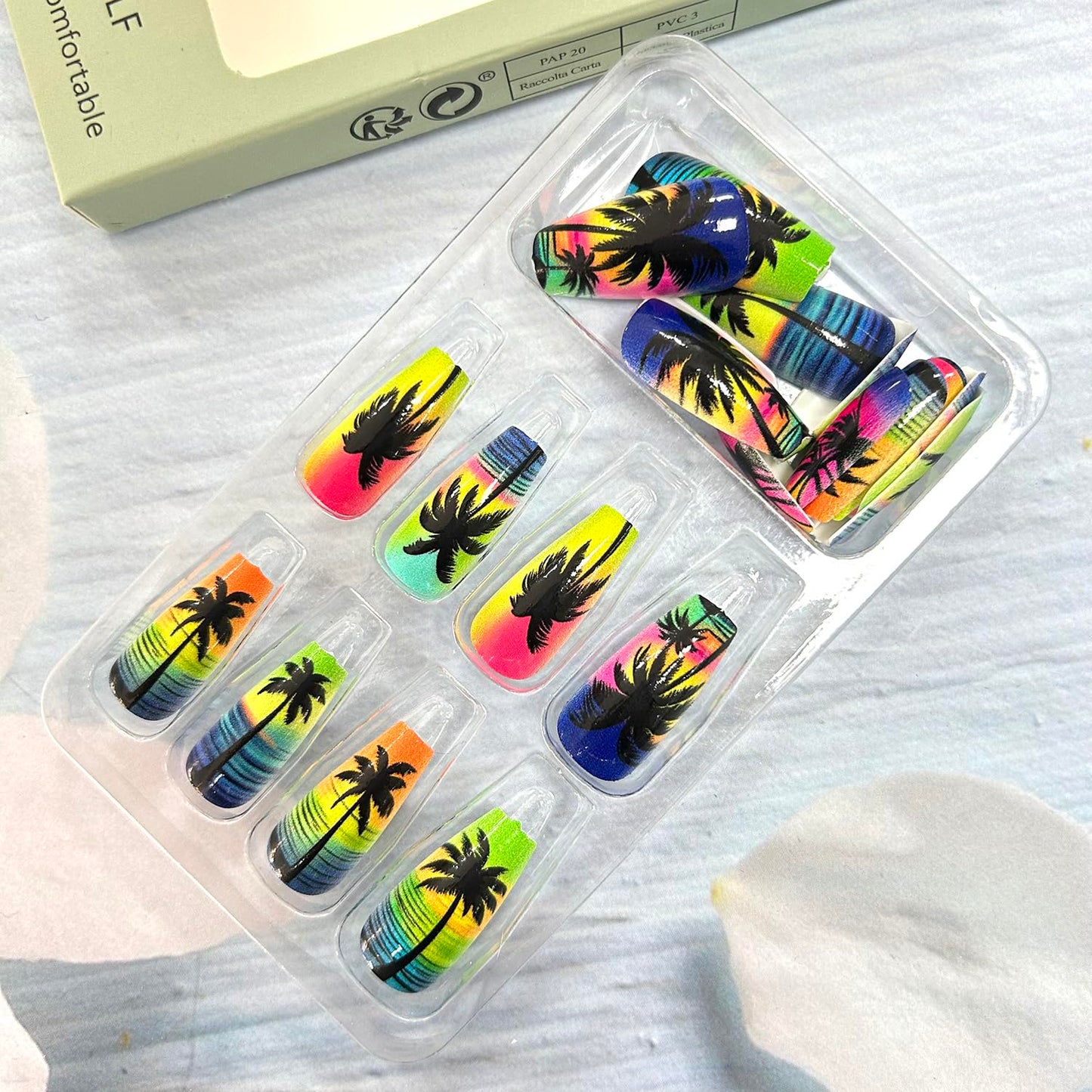 Black Coconut Tree Press on Nails Long Length Colorful Fluorescence Acrylic Nail Full Cover Glossy Ballet Shaped Artificial Stick on Nail Beach Artificial Fingernails DIY Glue on Nails for Women 24Pcs