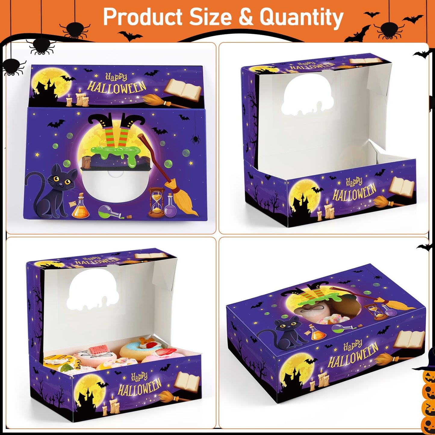 Pasimy 36 Pcs Halloween Cookie Boxes with Window 8.7 x 5.5 x 2.8 Inch Halloween Treat Boxes Bulk Cupcake Candy Dessert Containers for Bakery Pastry Packaging Supplies