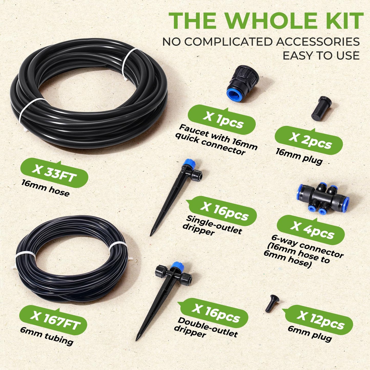 HIRALIY 200FT Garden Watering System, Drip Irrigation Kits for Plants, New Quick Connector, Blank Distribution Tubing, Saving Water Automatic Irrigation Equipment for Patio Lawn