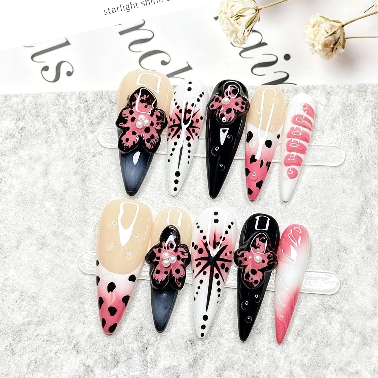10 Pcs Handmade Press on Nails Long Stiletto Fake Nails with Design 3D Flower False Nails Leopard Print French Tip Acrylic Press Ons Nails Long Stiletto Nail Art for Women Party - Size M