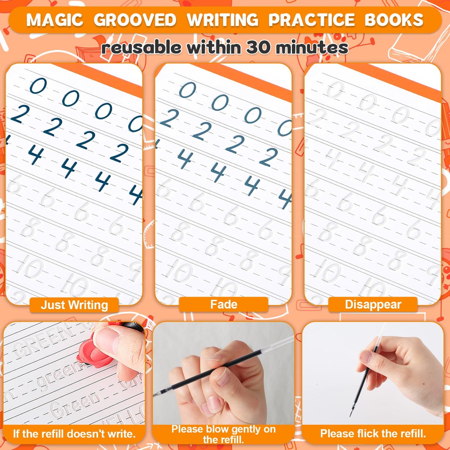 gisgfim 8 Pack Magic Grooved Writing Practice Books for Kids Reusable Magical Handwriting Workbooks with Disappearing Ink Pens Letter,Numbers,Math Tracing Copybook for Kindergarten Preschool Age 3-8
