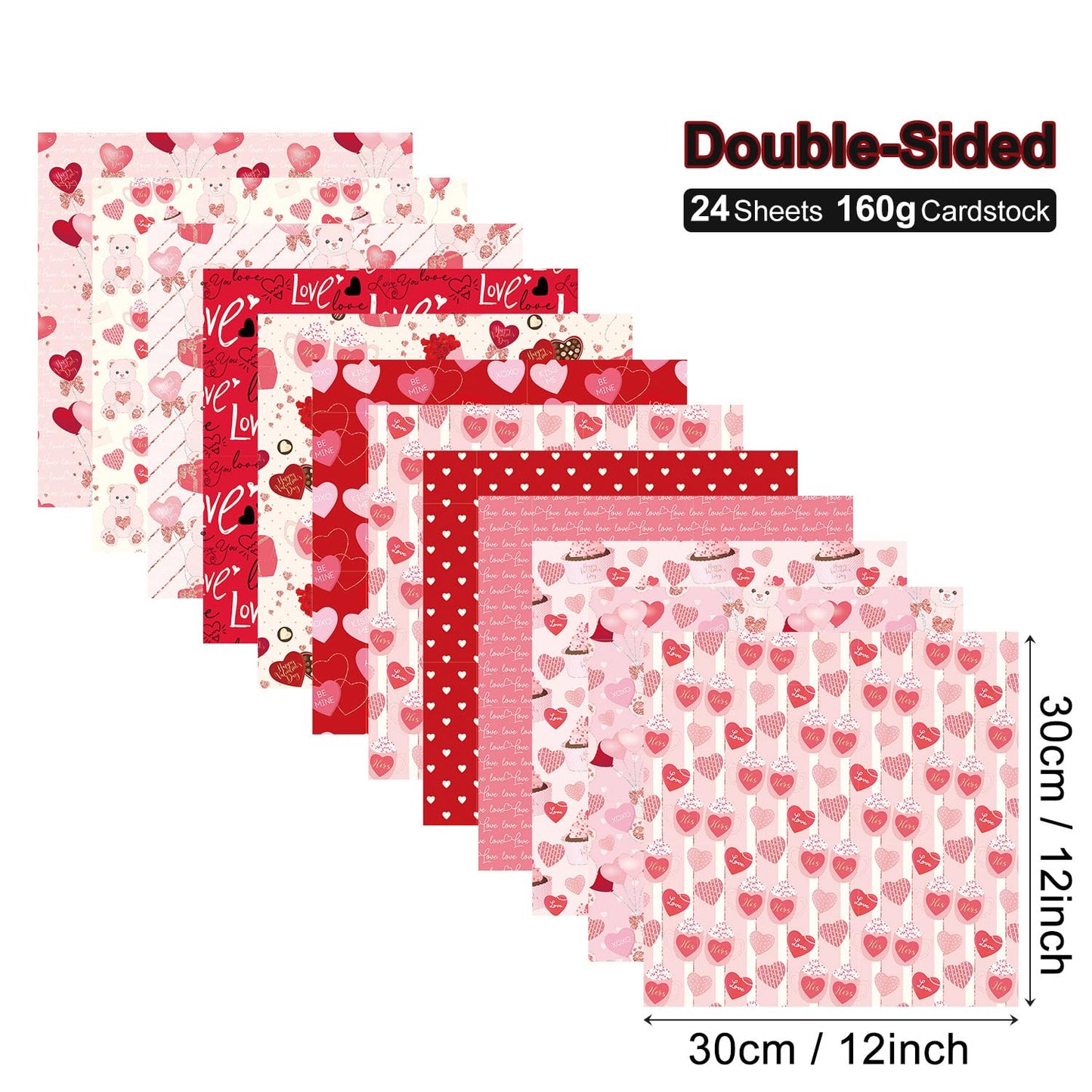 Valentine's Day Scrapbook Paper Pad Pink Red Love Heart Patterned Paper 12×12，24 Sheets Scrapbook CardStock Papers Pad for Holiday Cardmaking DIY Origami Decorative Craft Papers.