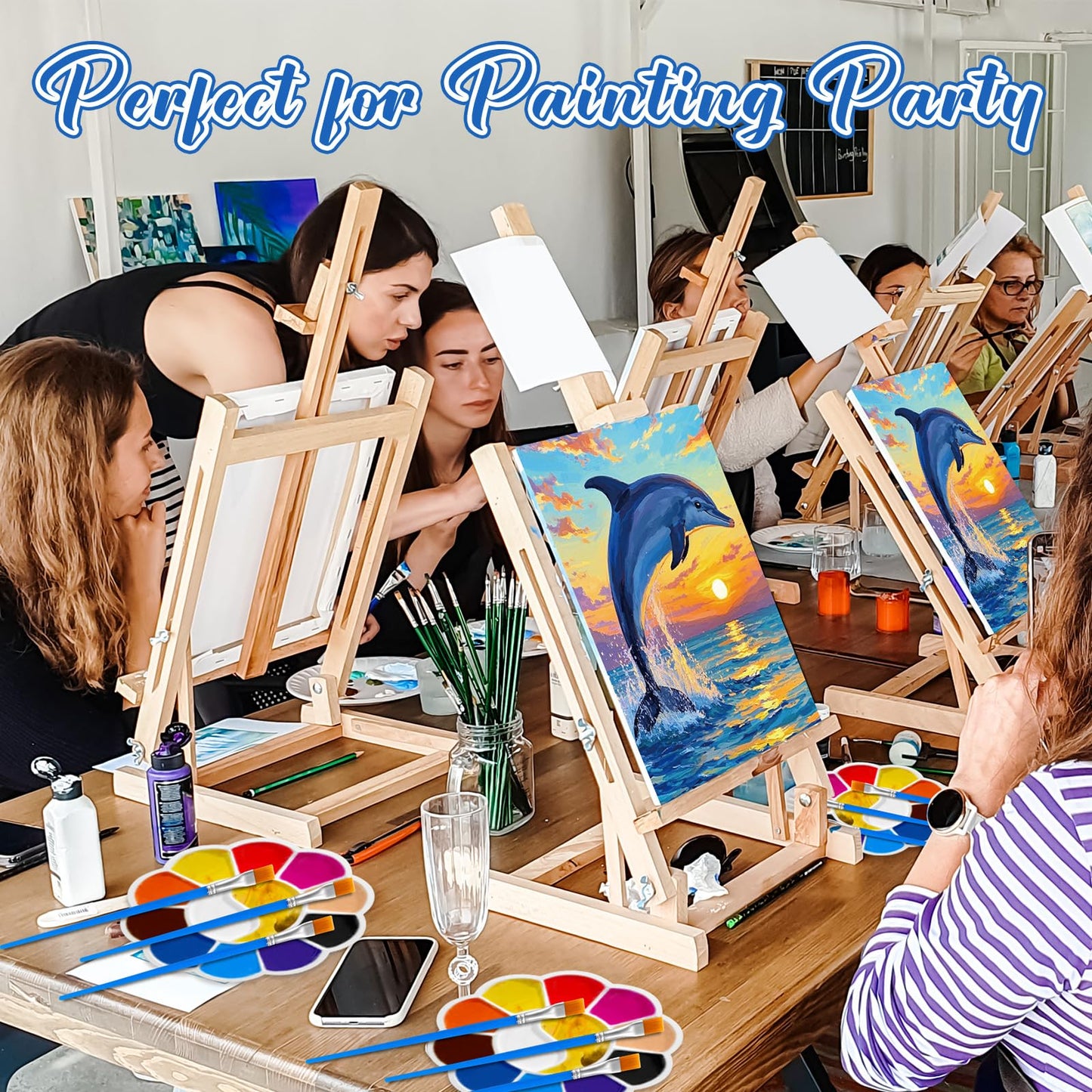 Motipuns 6 Set Pre Drawn Canvas for Painting for Adults Sip and Paint Kit with Easels 8 x 10 Inches Paint Party Kit with Printed Canvas Paints Brushes Palette Apron(Sunset Dolphin)