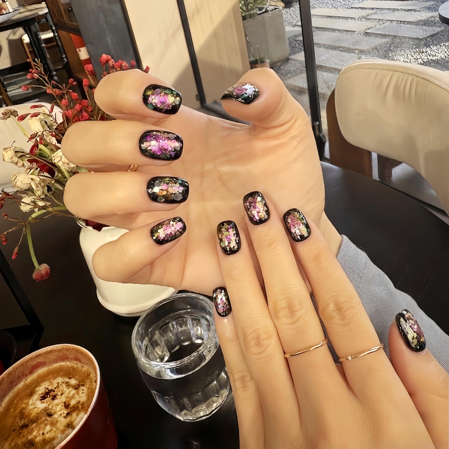 Fine Point Handmade Press-On Nails 10 PCS, Black Prism Short Squoval Nails, Iridescent Aurora Opal Foil Flake Glitter on Jet Black, Glossy Glass Shine Reusable, All Inclusive Kit (Size Medium)