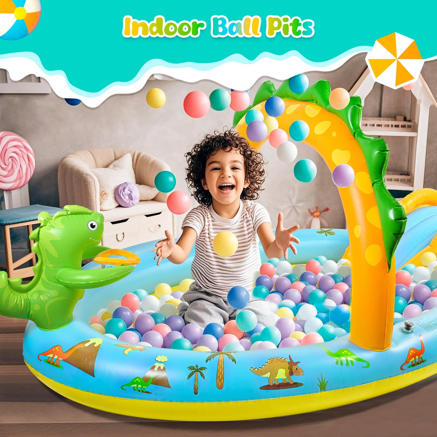 SULIFEEL Dinosaurs Inflatable Play Center Kiddie Pool with Slide and Sprinkler for Children, 96''x59''x39'' Baby Pool for Backyard and Garden