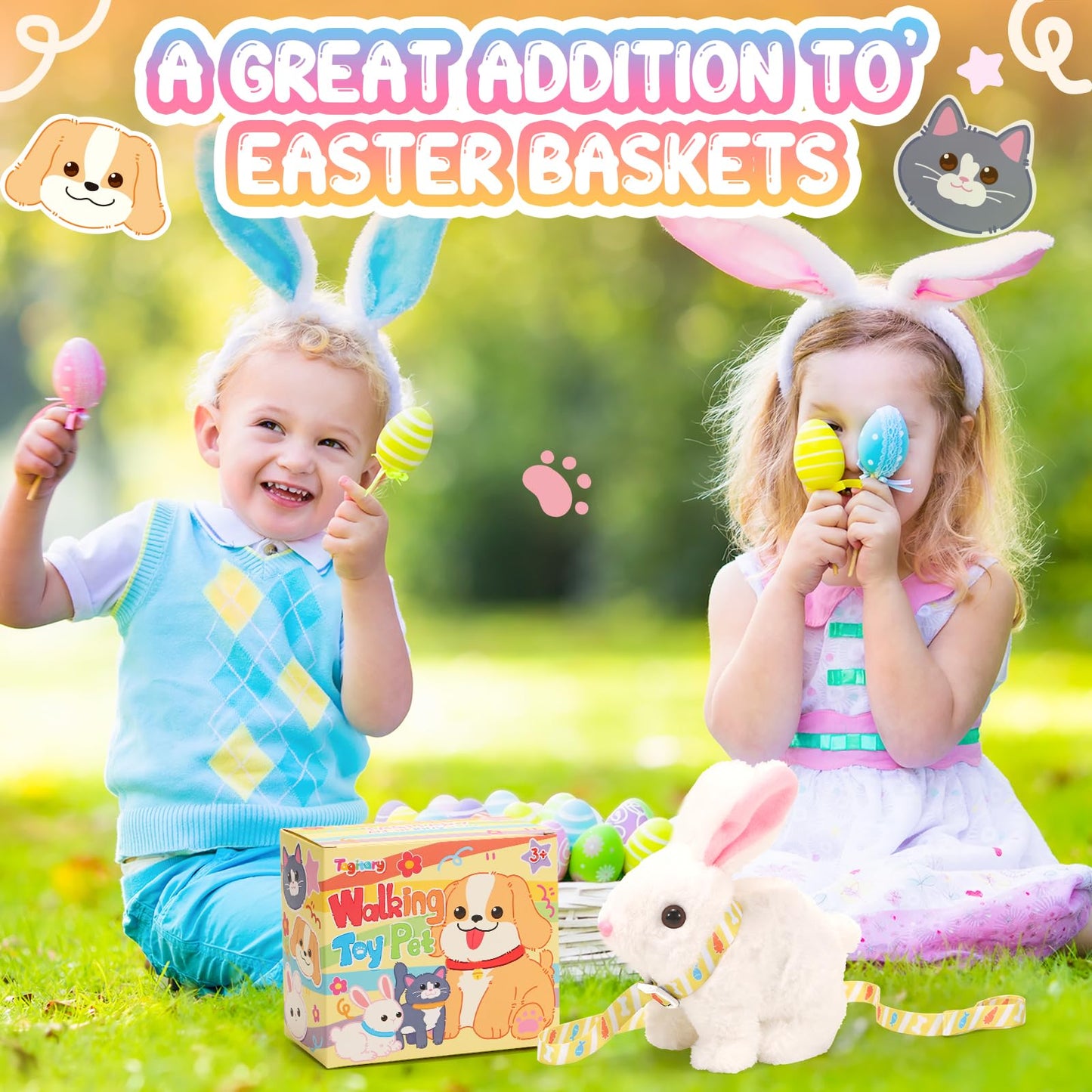 Tagitary Easter Plush Bunny Toys Electronic Toy with Sounds,Wiggling Ears,Twitching Mouth and Nose, Interactive Rabbit Toy for Kids with Leash,Easter Basket Stuffers Birthday Gift for Toddlers