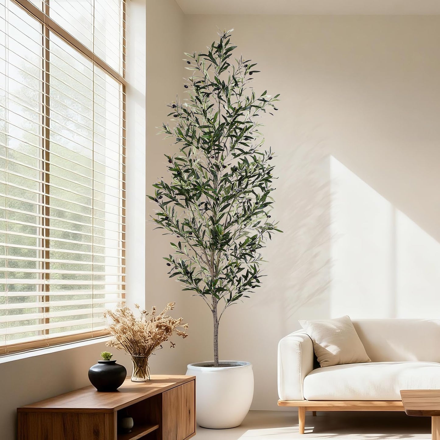 Jocoevol Olive Tree, 7FT Artificial Indoor Tall Faux Olive Trees w/Planter & Natural Wood Trunk and Lifelike Fruits, Fake Olive Artificial Tree for Home Office Decor