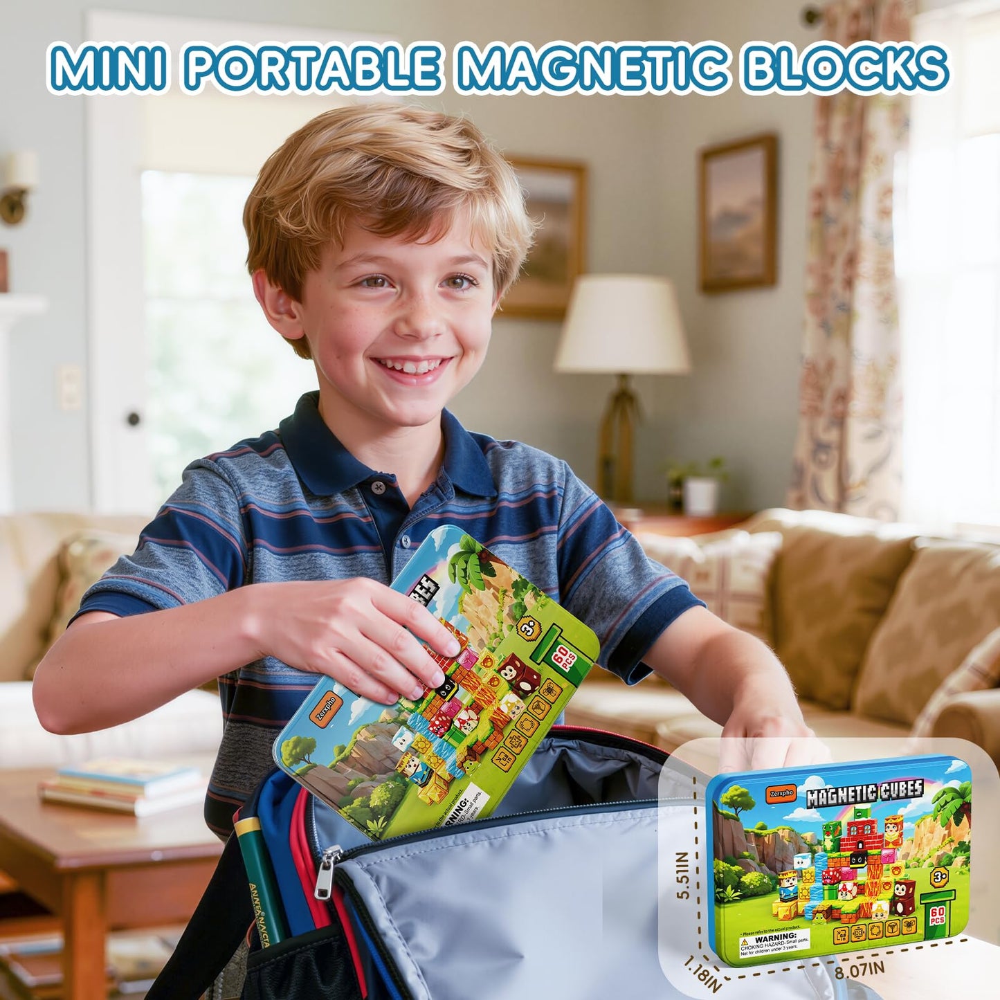 Zerxpho 60PCS Mini Magnetic Building Cubes Set, Adventure-themed Magnetic Blocks, Portable Magnetic Travel Blocks with Iron Case, Educational Toy for Kids STEM & Construction Learning for Kids Aged 3+