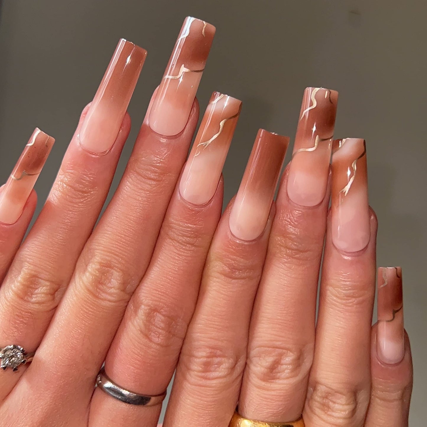 MISUD Press on Nails - Long Square Glue on Nails with Fall Brown, Acrylic Autumn Ombre Design 24 pcs