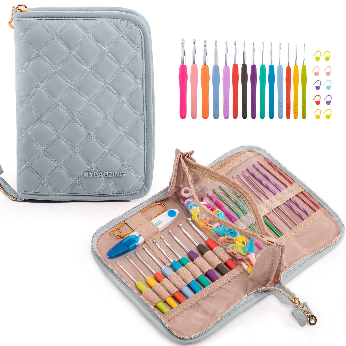 MYBAGZING Crochet Hook Set with Storage Case – 14 Ergonomic Crochet Hooks(2mm(B)-10mm(N), 10 Stitch Markers, Crochet Organizer for Crochet Needles, Accessories, and Supplies