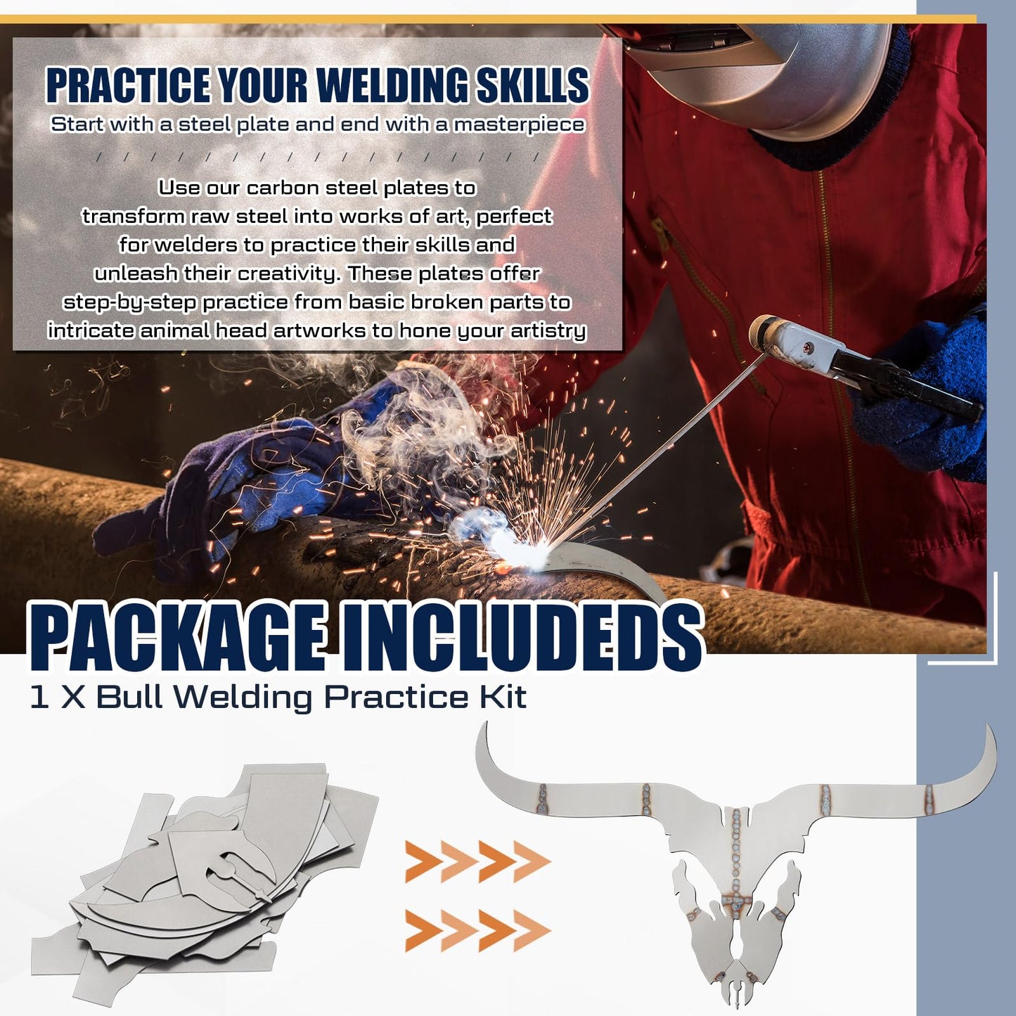 Zonon Welding Practice Kit for Beginners - Metal Art Project, 201 Carbon Steel Plates, Ideal for TIG, MIG, ARC, and Weld Training, DIY Gift for Welders(Bull Head)