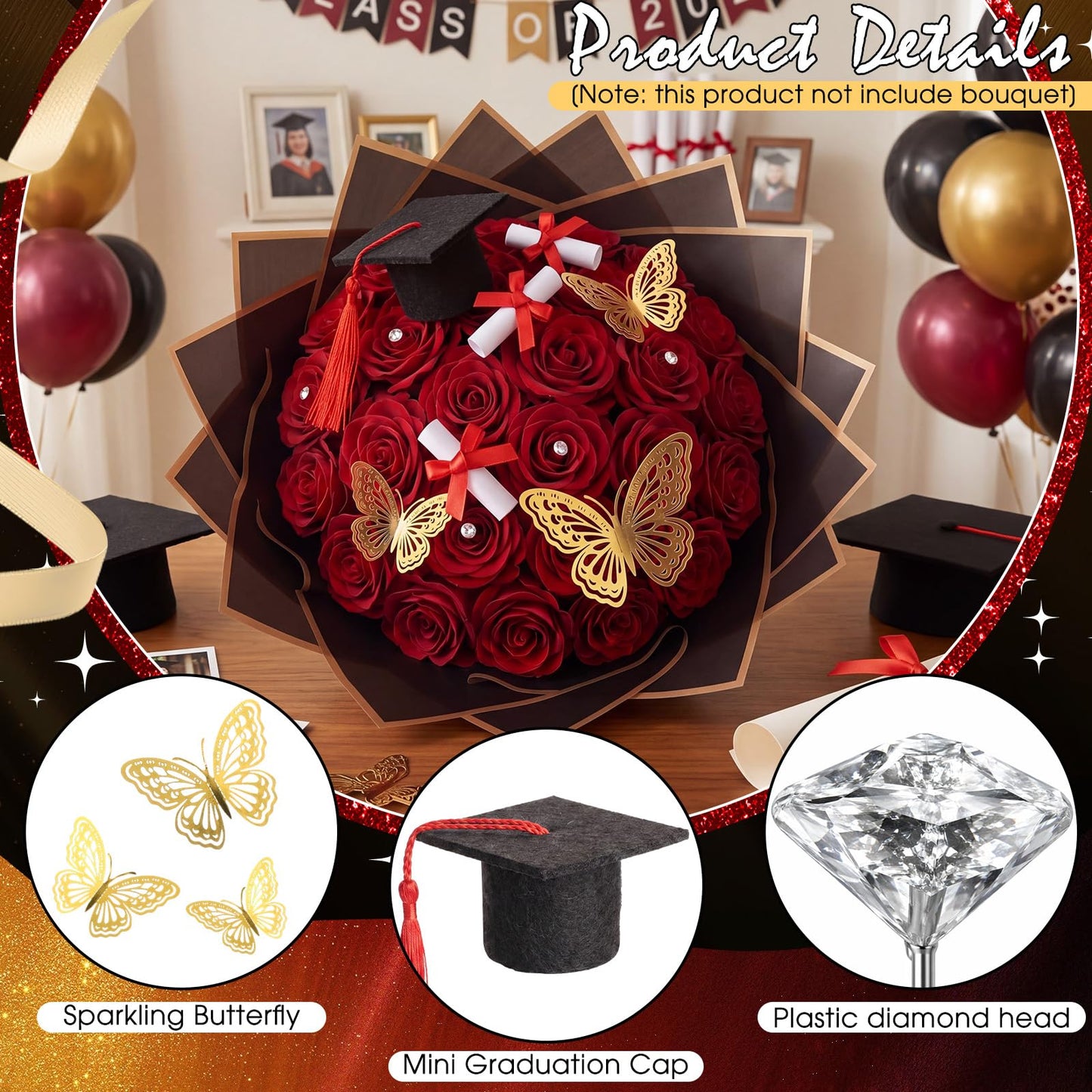 Gilprop 45 Pcs Graduation Flower Bouquet Kit Include 12 Butterfly Decorations 4 Mini Grad Cap 4 Certificate Scrolls Floral Tapes Wraps 25 Diamond 2026 Grad Party Decor Flower Bouquet Gift (Red)