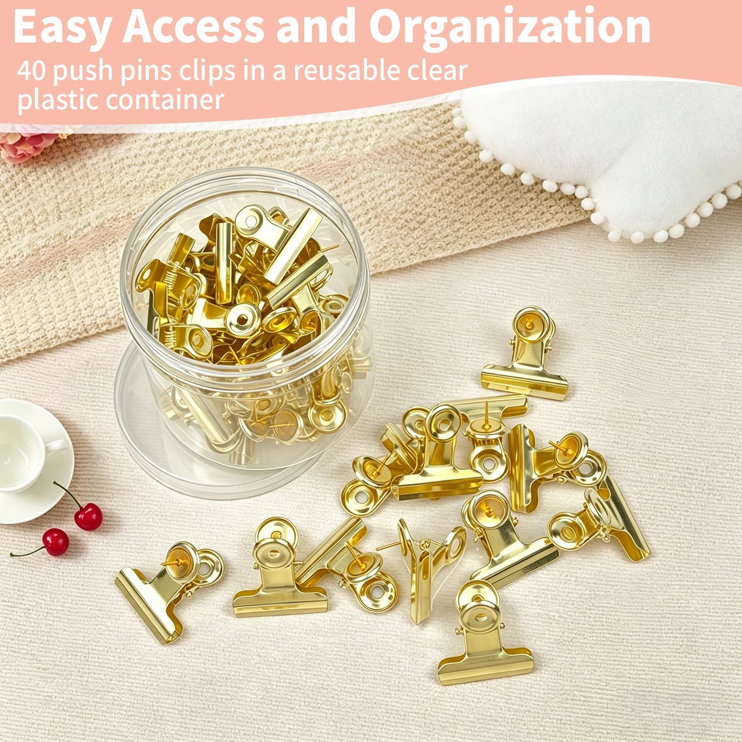 VYNFLICK Gold Push Pin Clips - 40 Pack Thumb Tacks with Metal Clips for Cork Board Bulletin Board, No Hole Paper Clips for Photos Notes Documents, Decorative Office School Supplies