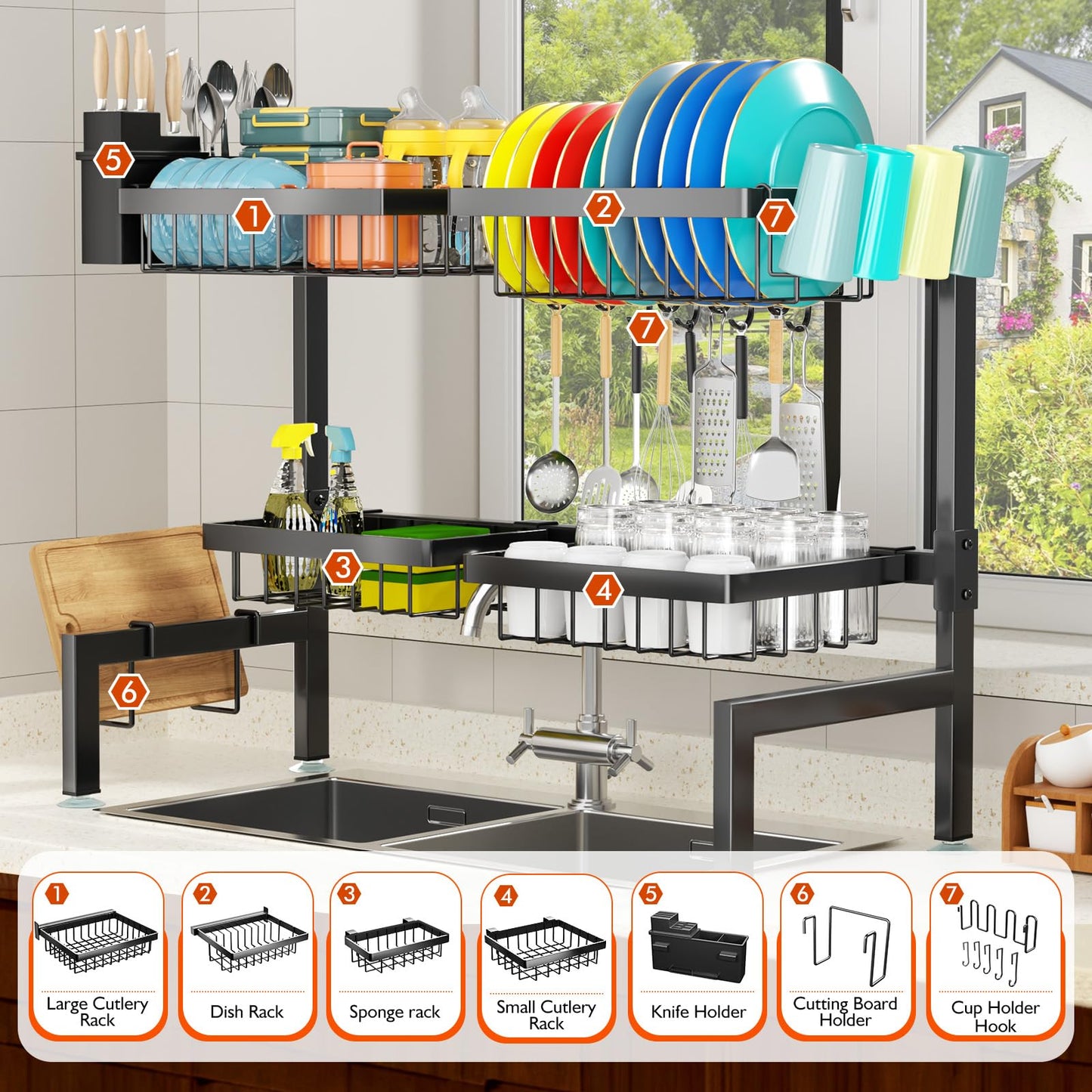 YKLSLH 4 Baskets Over The Sink Dish Drying Rack, Extendable Large Capacity Sink Rack, Metal Drying Rack Saving Space,for Most Sinks (26.57"-35")