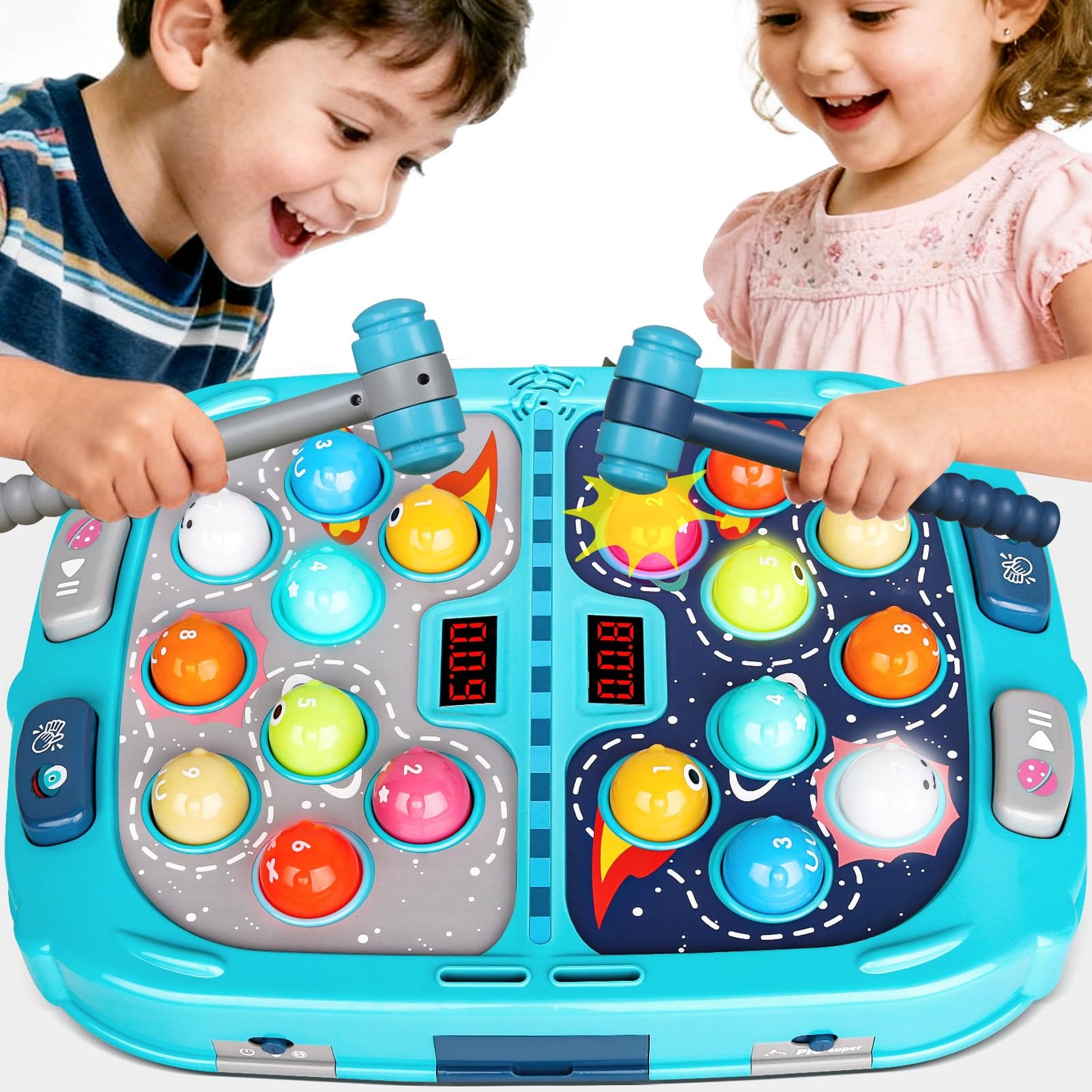 2-Player Whack Game Mole - Toys for Age 3-12 Kids,2 Hammers,3 Modes with Sound & Light,Safe Educational Pounding Toy,Birthday for 3 4 5 6+ Year Old Boys Girls,Blue