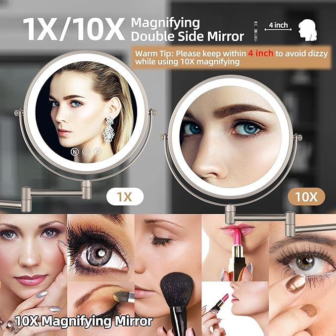 9" Wall Mounted Lighted Makeup Mirror with Magnification, 1X/10X Magnifying Mirror with Light, 3 Color LED 2000mAh Rechargeable Light Up Magnifying Nickel Extendable