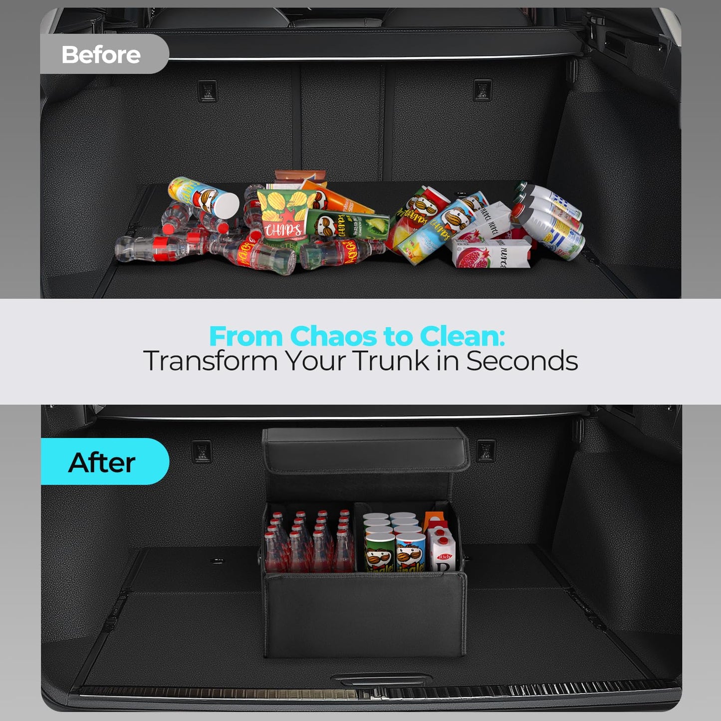 Fyzeoty Car Organizers for Trunk for Suv Sedan, Leather Storage Box,Magnetic Lid,Collapsible and Adjustable,16.5 inches