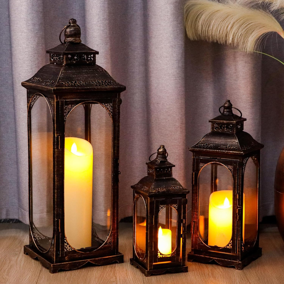 TRIROCKS Set of 3 Vintage Candle Lanterns 10/14/19.5''H Decorative Outdoor Lantern Metal Candle Holder with Tempered Glass for Home Living Room Garden Yard Event Indoor Outdoor (Black with Gold Brush)