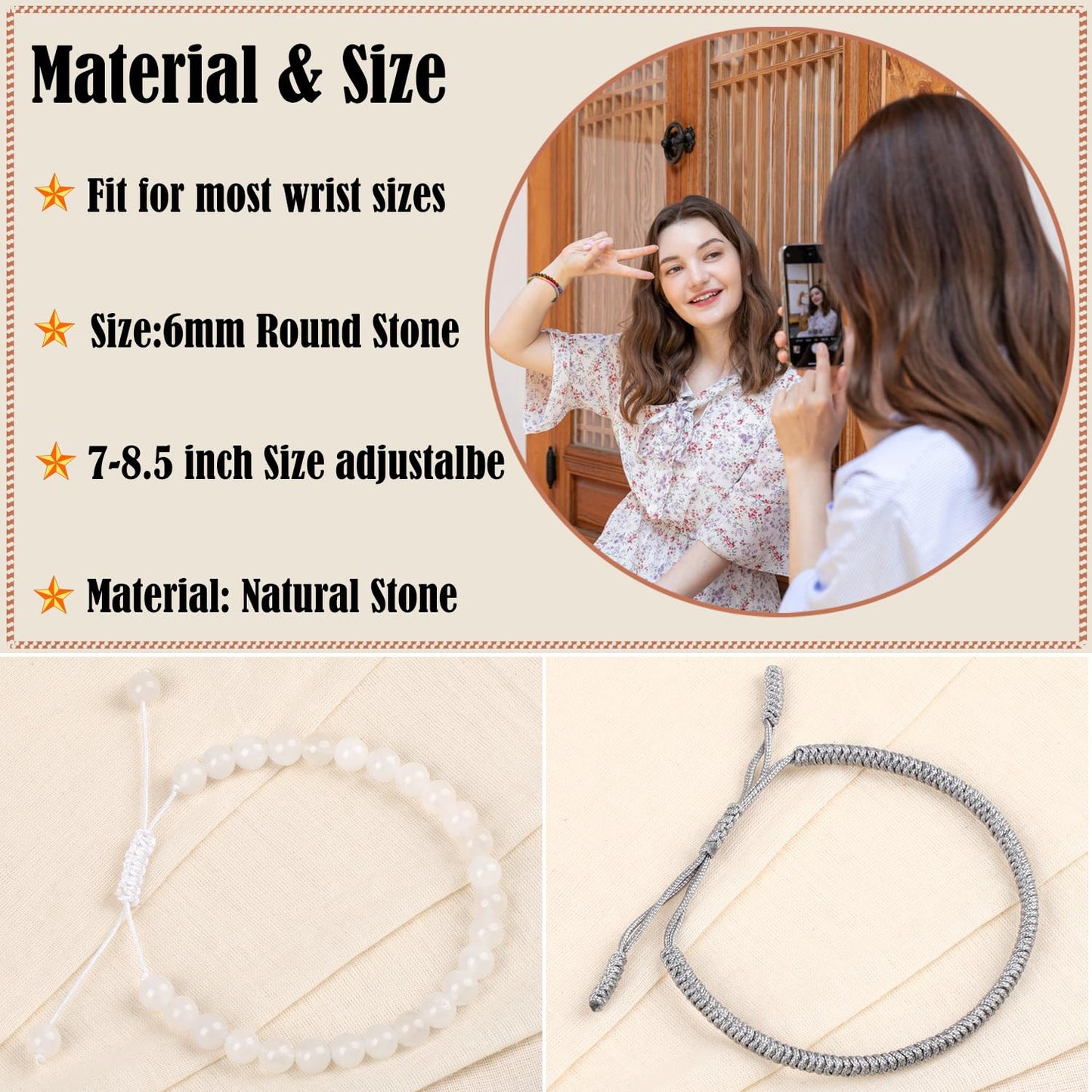 LPBeads 6mm White Jade Bracelet with Handmade Rope Bracelet Size Adjustable Natural Stone Crystal Healing Bracelets Gifts for Unisex Adults