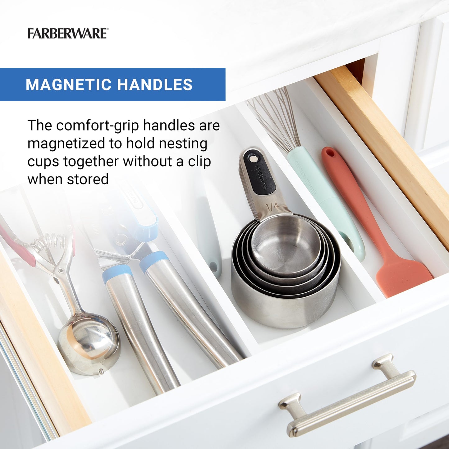 Farberware Professional Set of 5 Stainless Steel Measuring Cups, Precision and Ease in Every Scoop, Features Magnetic Handles for Easy Storage, Dishwasher Safe