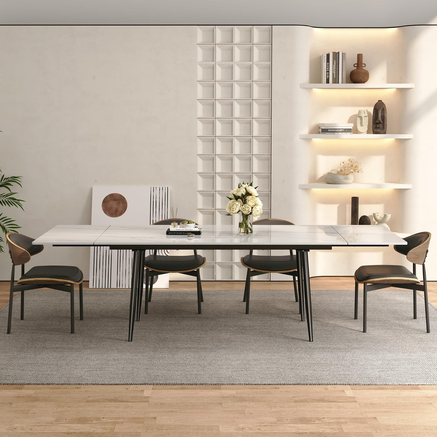 62.9"–94.4" Extendable Sintered Stone Dining Table for 6–10, Modern White Rectangular Kitchen Table with Stainless Steel Legs, Heat & Scratch Resistant, for Indoor & Outdoor Use