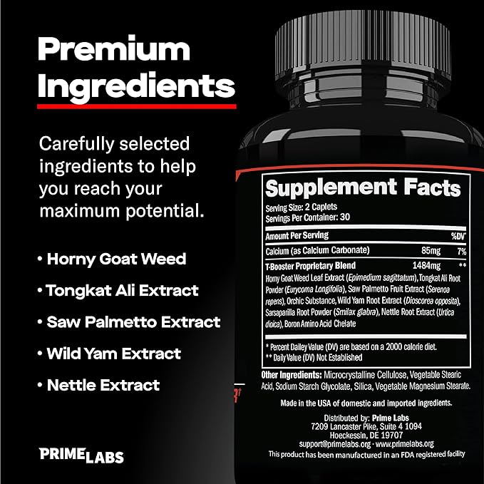Prime Labs Men's Testosterone Booster (2-Pack) - Stamina, Endurance, & Strength - 120 Caplets
