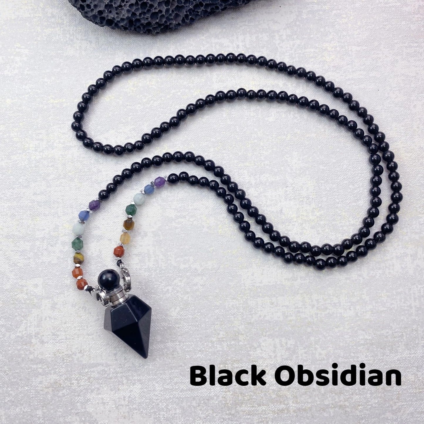 EDEN'S CALL Black Obsidian Crystal Point Perfume Bottle Pendant Necklace, 7 Chakra Crystal Bead Aromatherapy Diffuser Pendant Jewelry Gifts for Women
