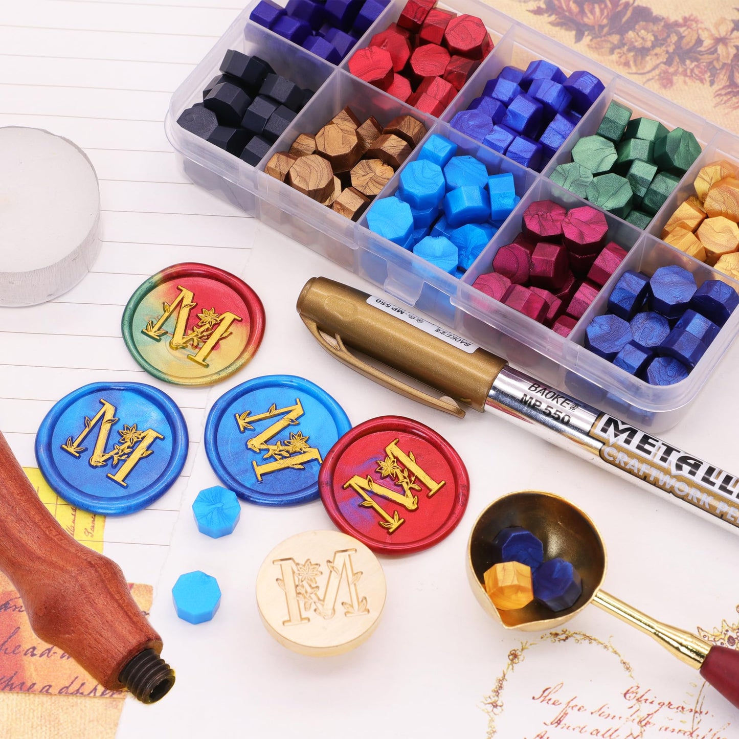 SWANGSA Initial Alphabet M Wax Seal Stamp Kit, Elegant Botanical Flower Floral Letter Sealing Stamp with 200pcs Sealing Wax Beads Kit (M)