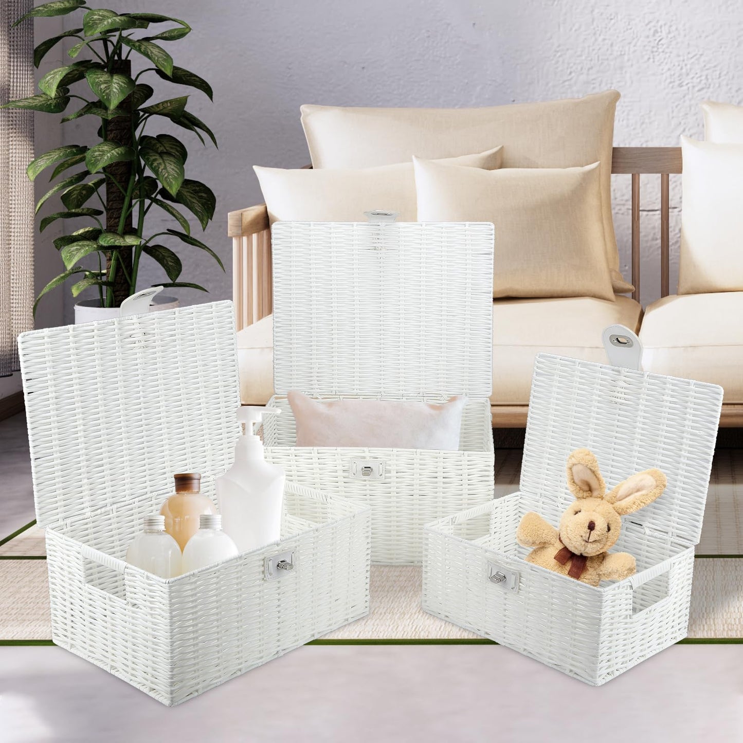 Honygebia White Wicker Storage Baskets - Set of 3 Decorative Nesting Boxes with Lids, Woven Basket with Lock & Handle, Organizer for Beauty Makeup Bathroom Decor