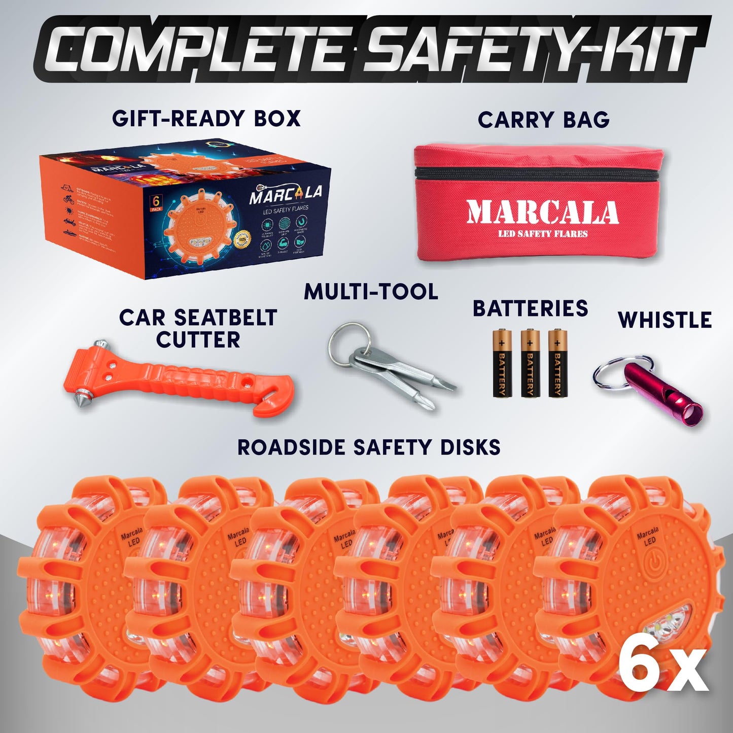 Marcala 6‑Pack LED Road Flares | DOT Compliant Emergency Lights for Vehicles with Batteries, Whistle & Case | Flares Emergency Road | Emergency Flares | Perfect For Gifting or Everyday Roadside Safety